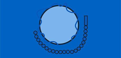 a blue circle and a line of black circles