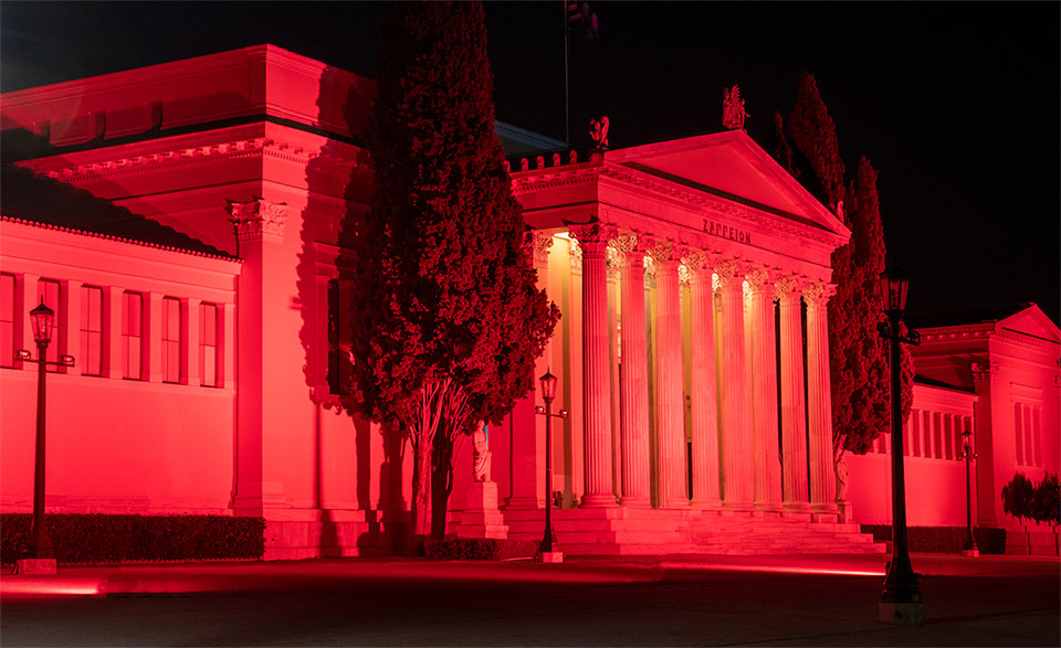 A building with columns and trees