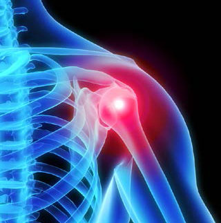 a skeleton with a red spot on the shoulder