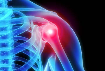 a skeleton with a red spot on the shoulder